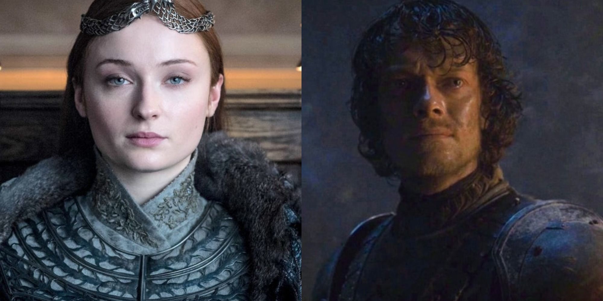 Split image of Sansa Stark and Theon Greyjoy in Game of Thrones