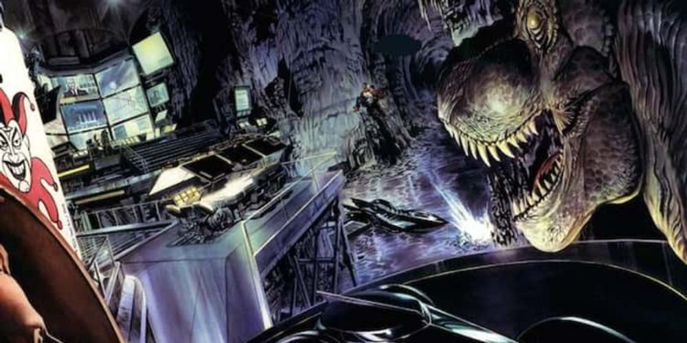 An aerial view of the Batcave in the Justice comics