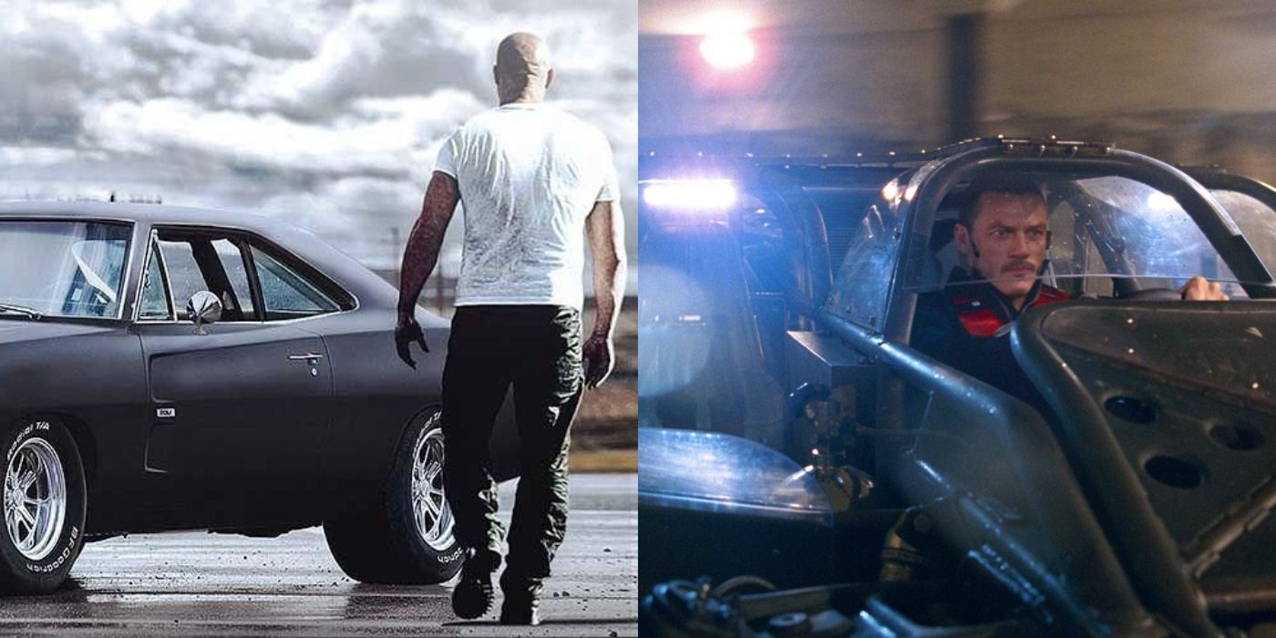 Split image showing Dom's Dodge Charger and Owen Shaw's Flip Car
