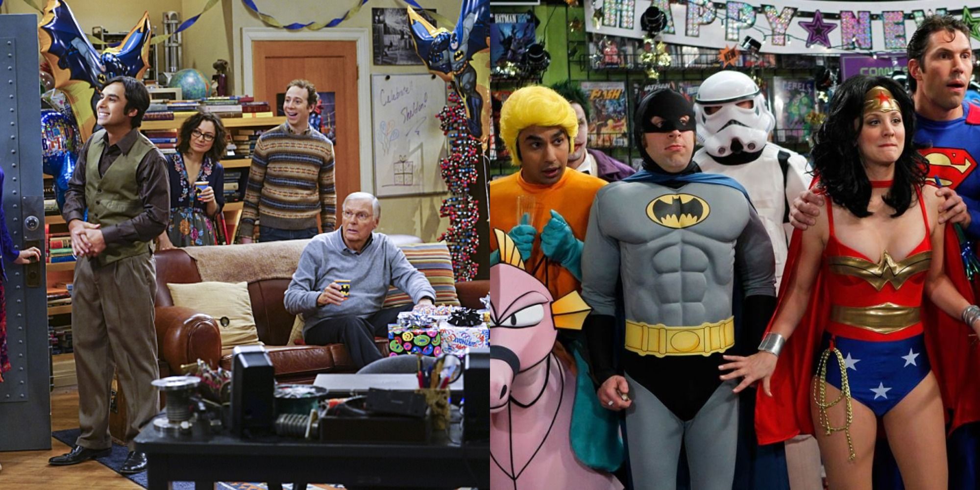 Split image showing Adam West and the guys dressed as the Justice League in TBBT.