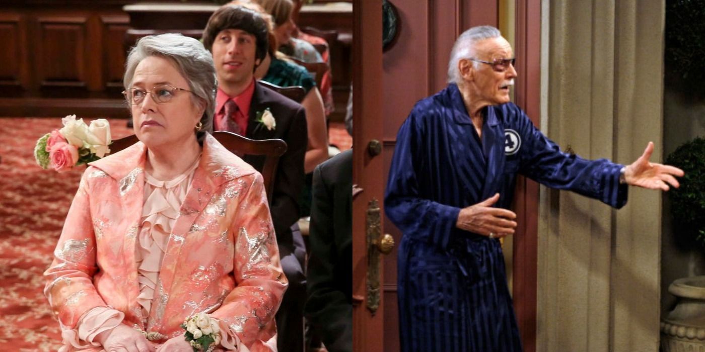 A split image of Kathy Bates (left) and Stan Lee (right) when they both guest starred on The Big Bang Theory