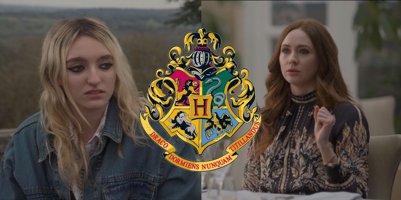Split image of Carla and Carol from The Bubble with the Hogwarts sigil superimposed in the middle