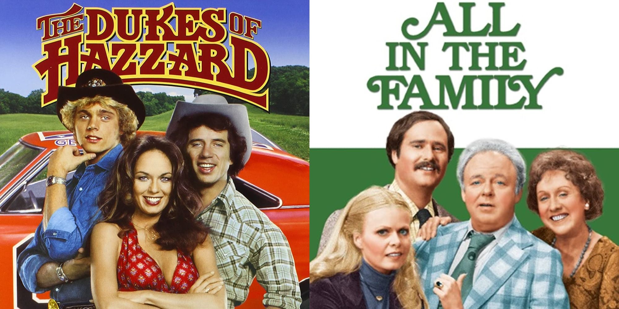 Split image showing covers for The Dukes of Hazzard and All in the Family