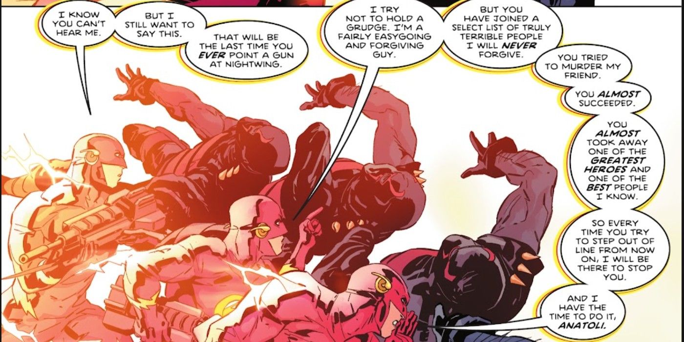 The Flash fights the KGBeast in response to the Ric Grayson storyline in Nightwing #91.