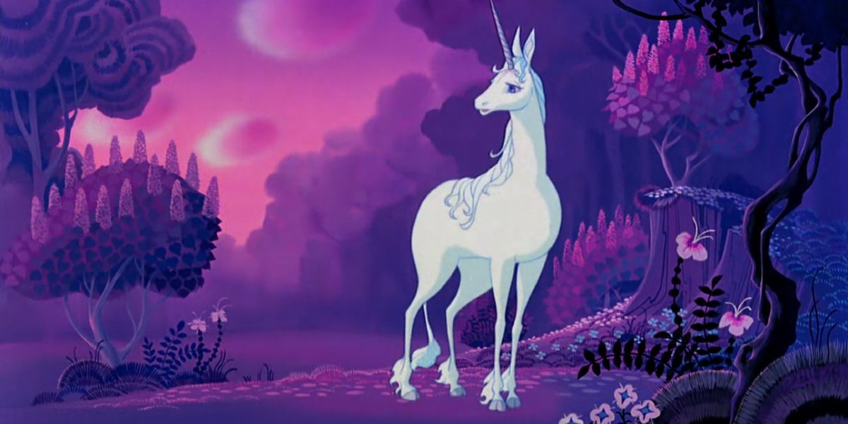 A still from the 1982 animated fantasy film The Last Unicorn.