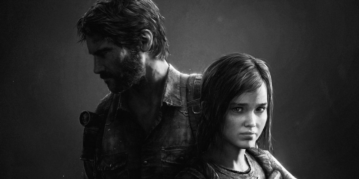 Joel and Ellie standing next to each other in black and white promo art for TLoU Remastered