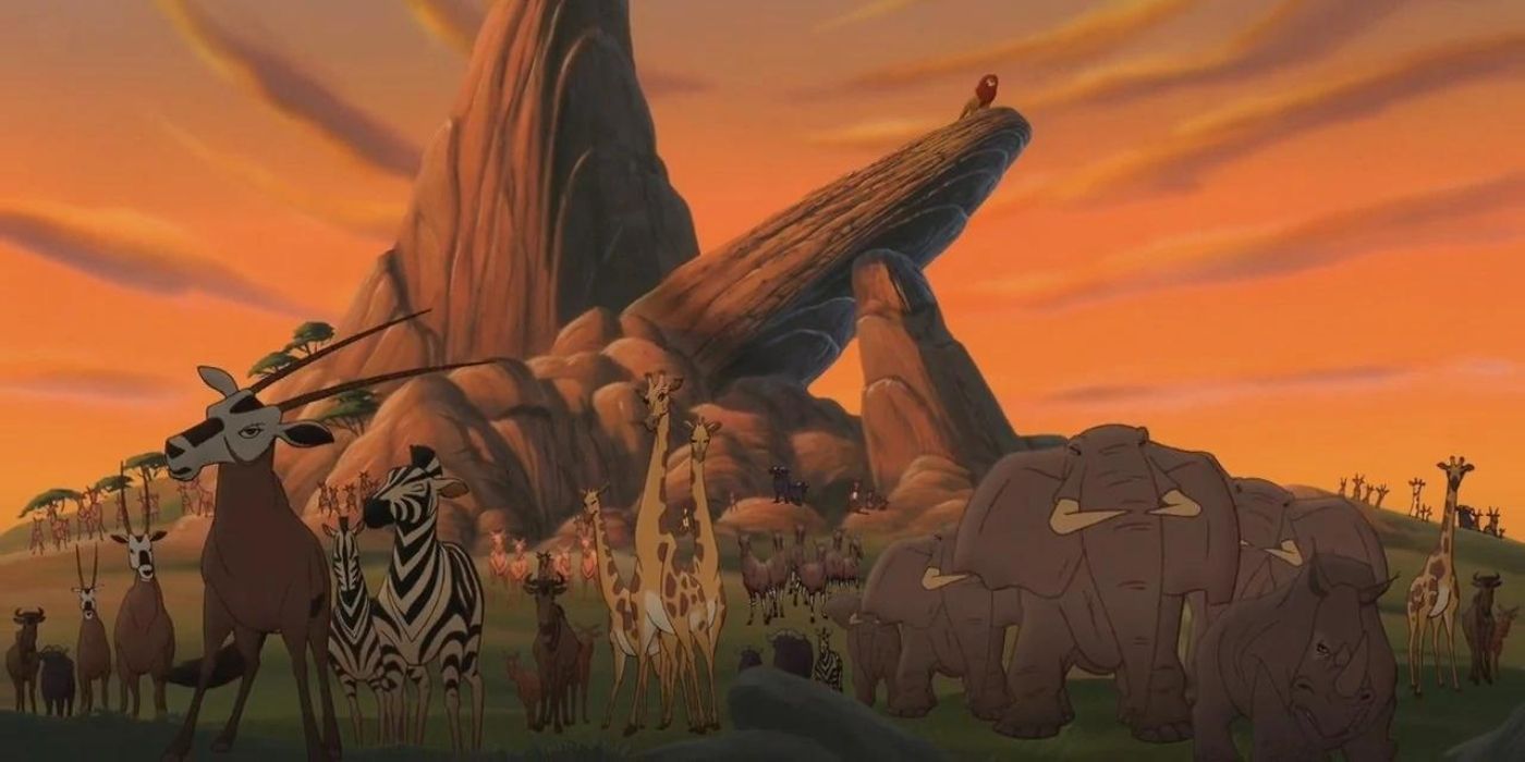 Animals gathering at Pride Rock in The Lion King 2