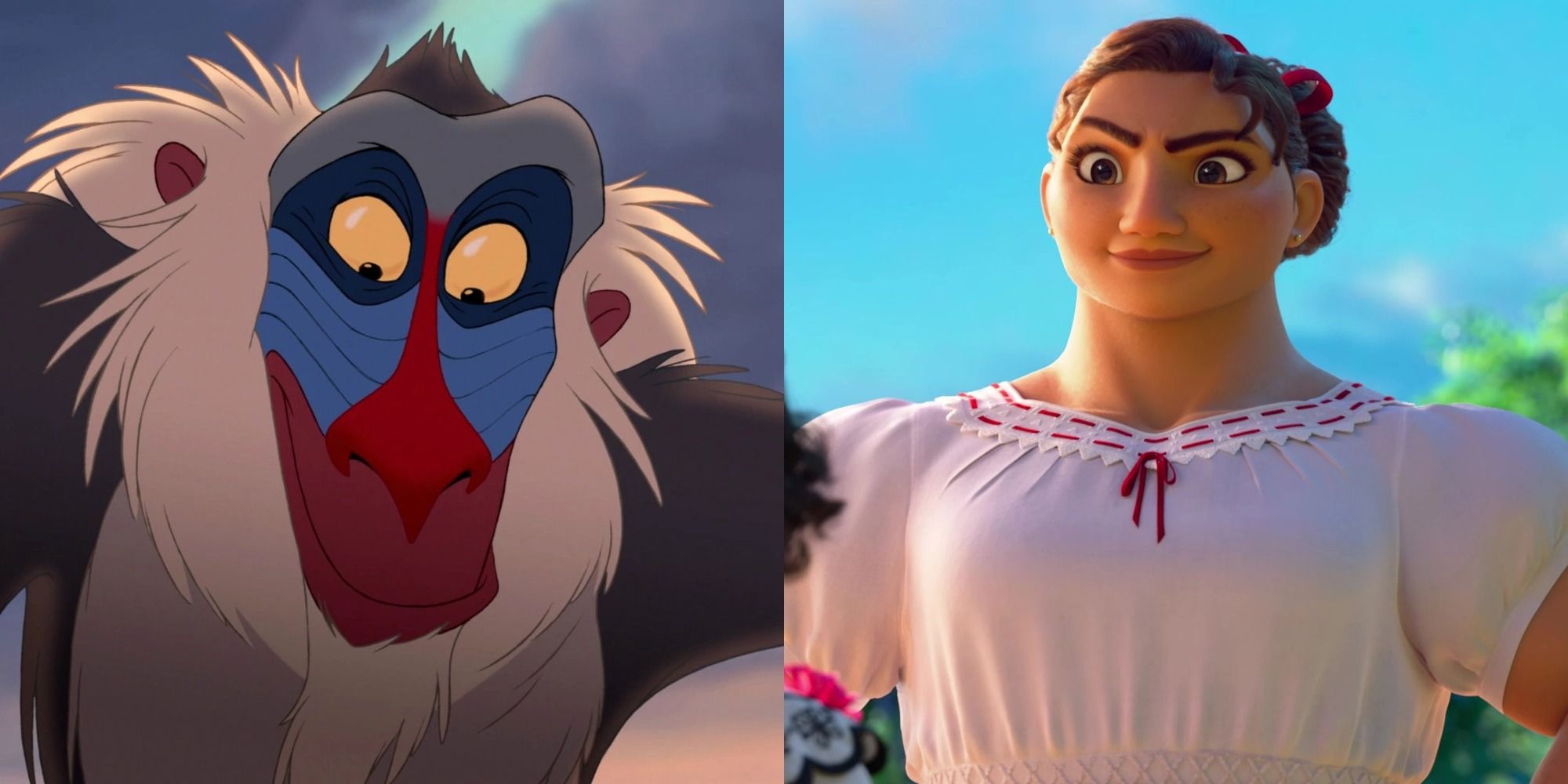 Split image showing Rafiki in The Lion King and Luisa in Encanto.