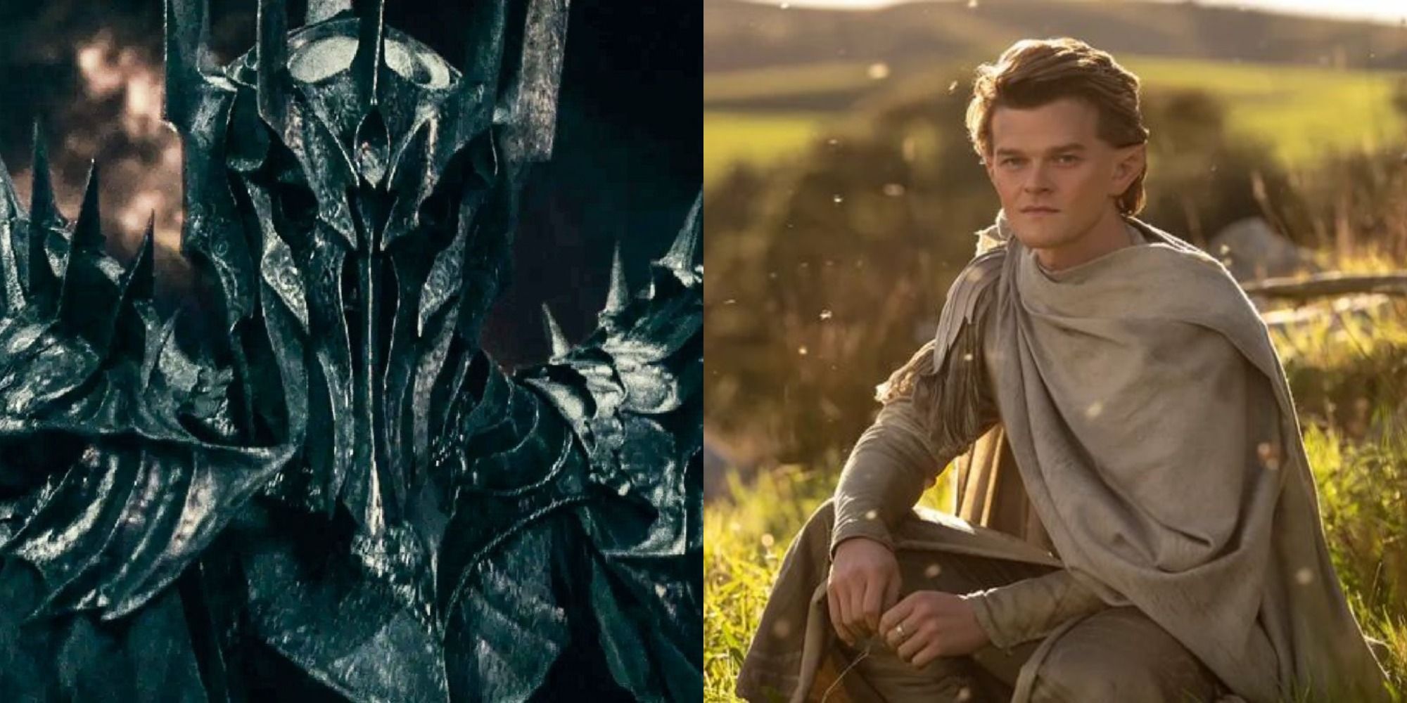 Split image showing Sauron in TLOTR and Elrond in Rings of Power.