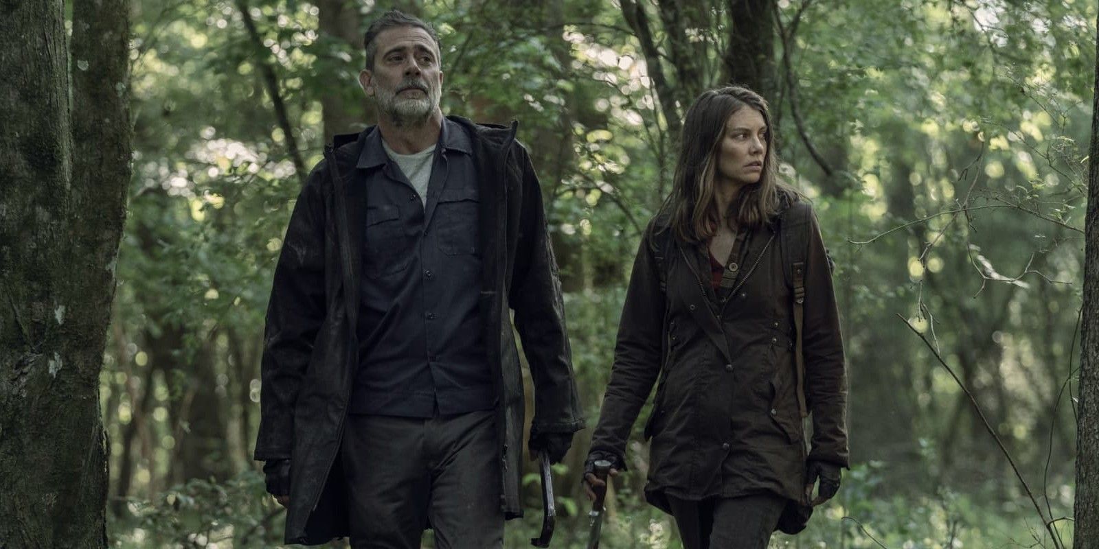 The Walking Dead Negan and Maggie in a wooded area