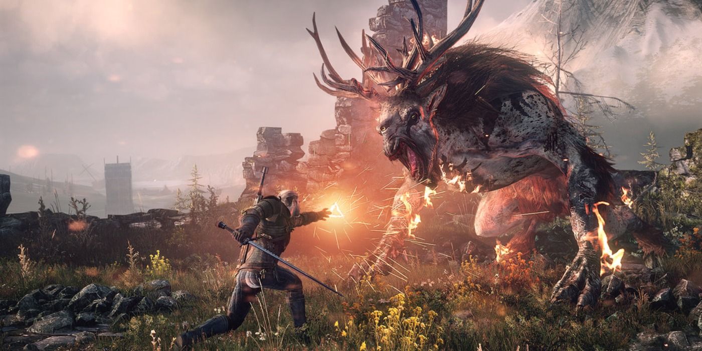 Still de The Witcher 3 de Geralt usando Sign magic contra uma fera