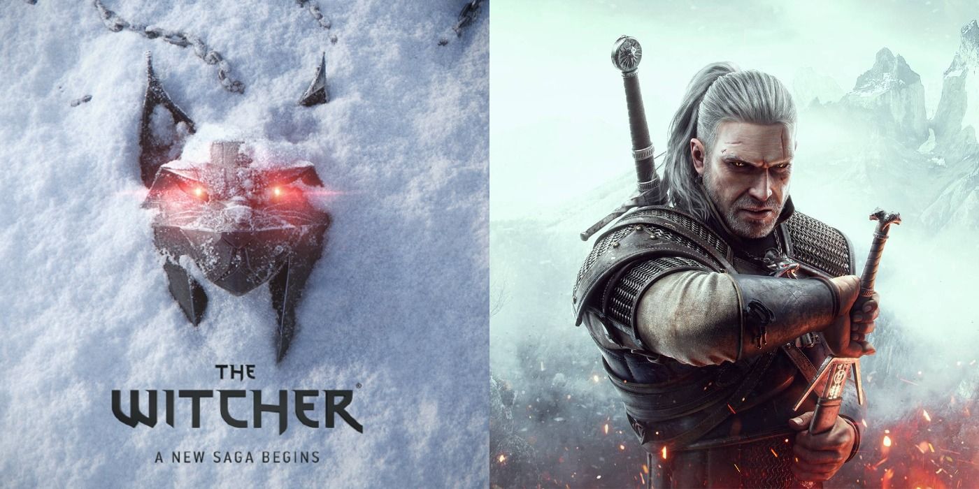 Imagem dividida da nova entrada em The Witcher e Geralt em promo para a remasterização de Wild Hunt