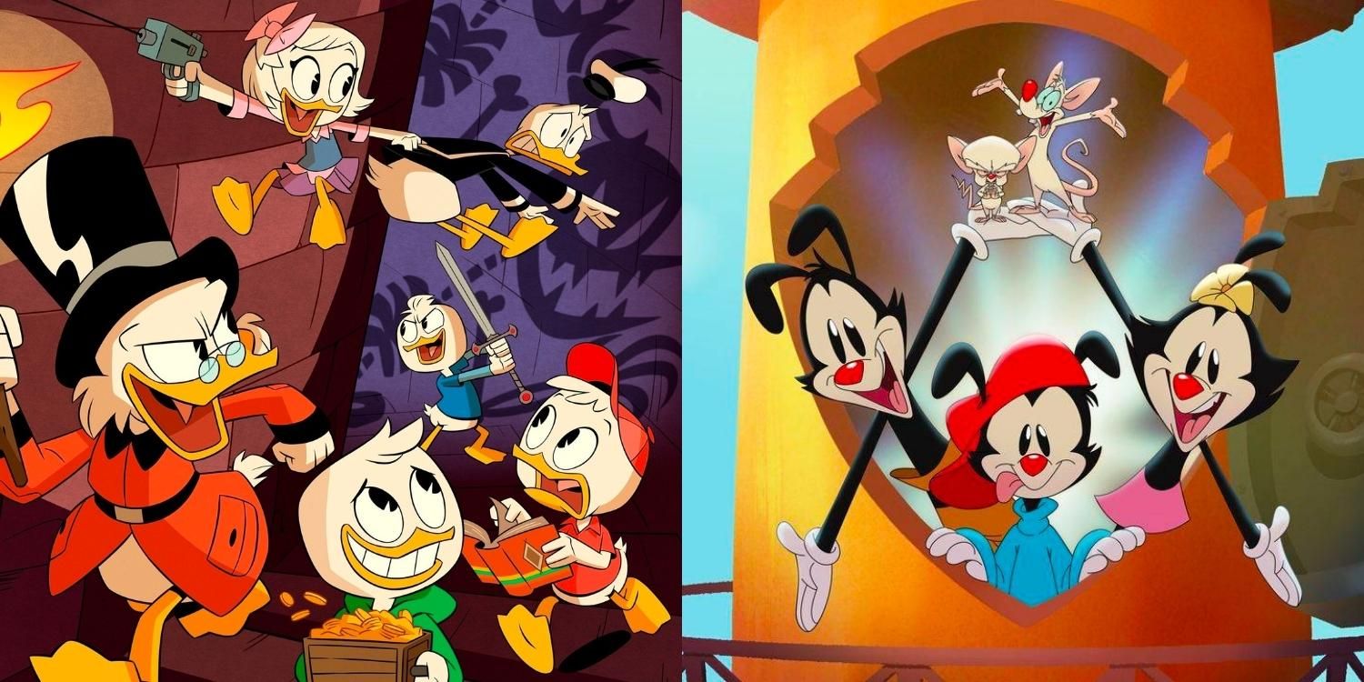 The cast of Ducktales and Animaniacs in two side-by-side images