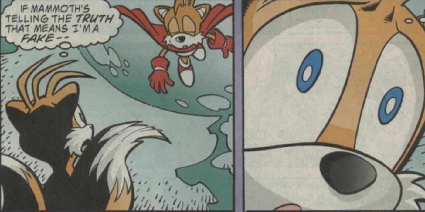 The fake Tails realizes he isn't real as he looks at Turbo Tails in Sonic the Hedgehog issue #114.