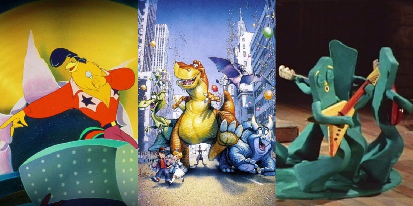 Split image of scenes from weird 90s animated movies