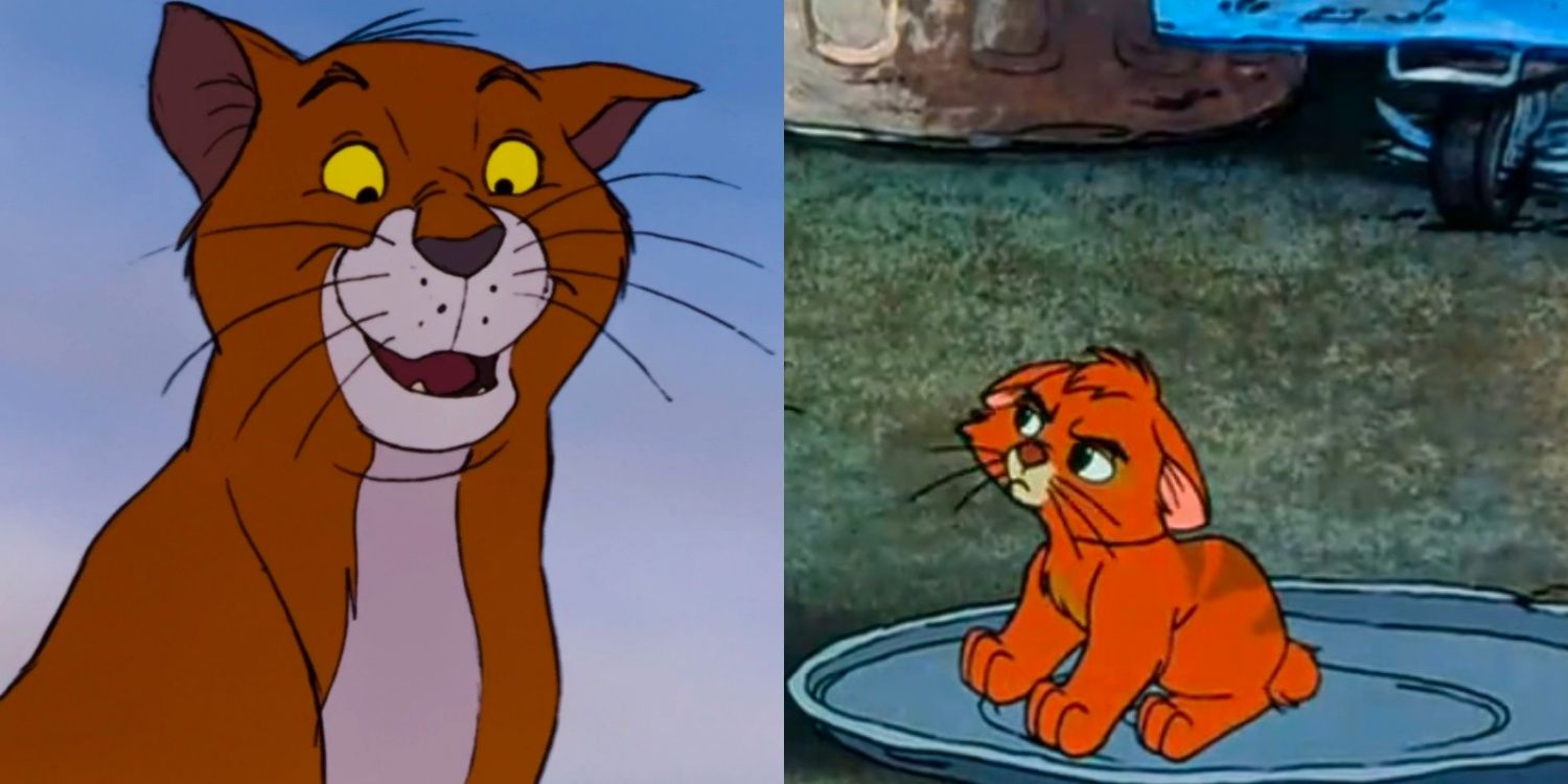 Thomas O&#8217;Malley smiling in The Aristocats and Oliver looking grumpy in Oliver and Company