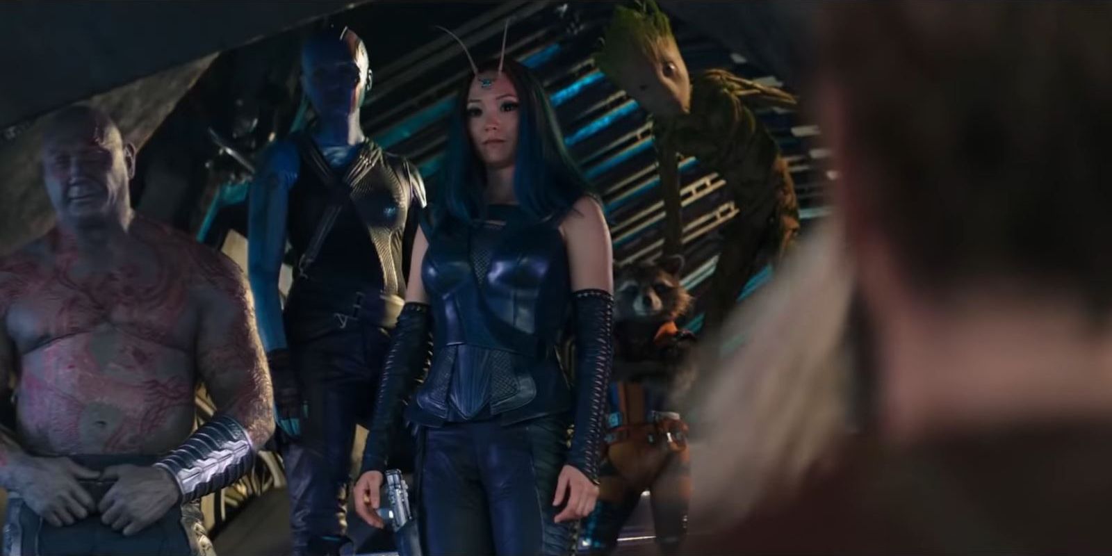Drax, Nebula, Mantis, Rocket, and Groot look at Quill and Thor as they talk about love in the Thor: Love And Thunder trailer.