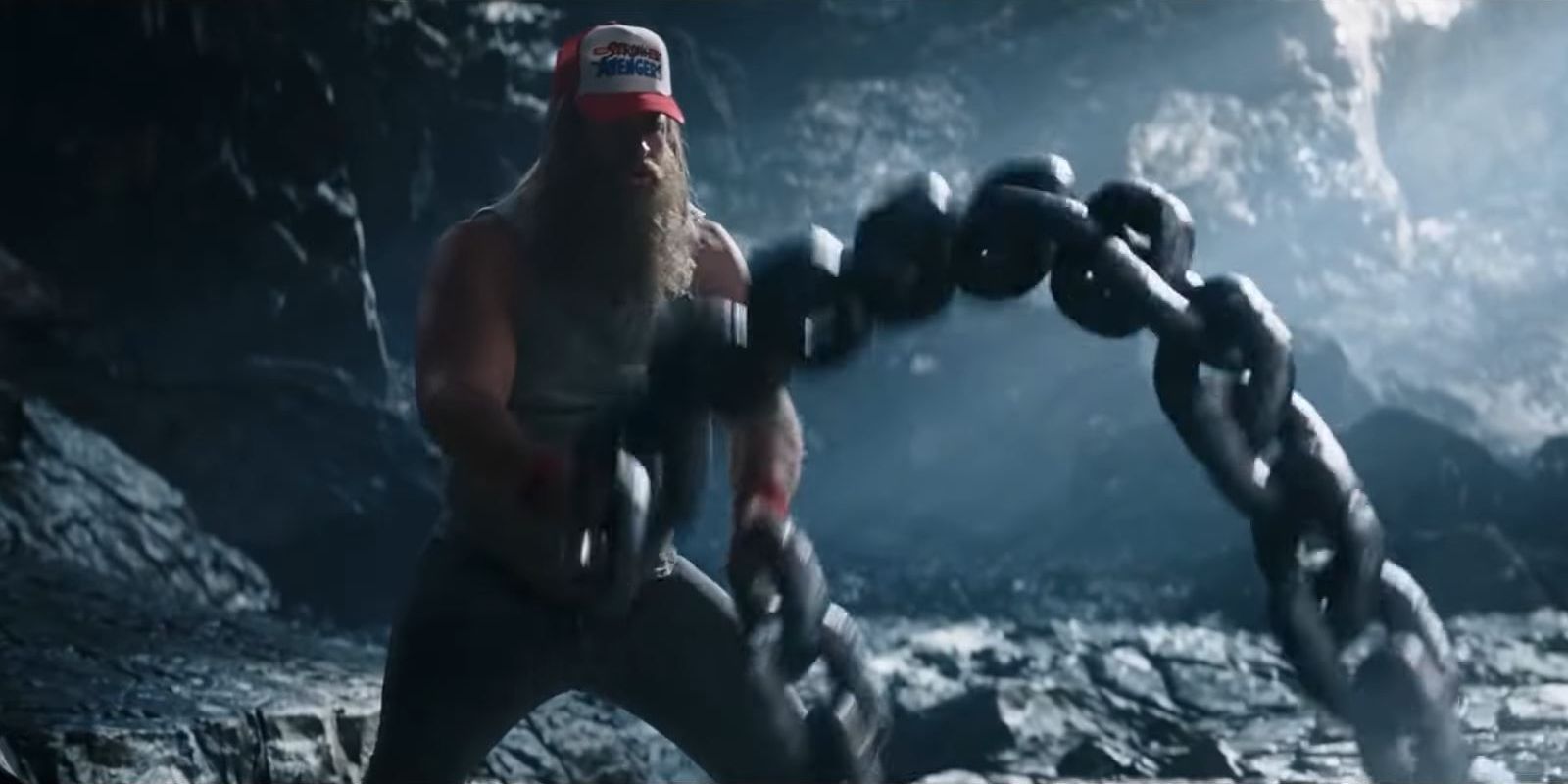 Thor uses chains to build up his muscles in Thor: Love And Thunder.