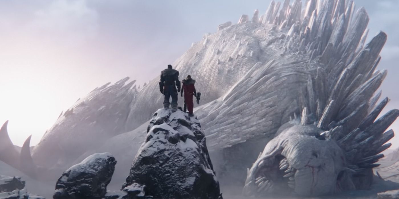 Thor and Korg look upon a dead god in Thor Love And Thunder.