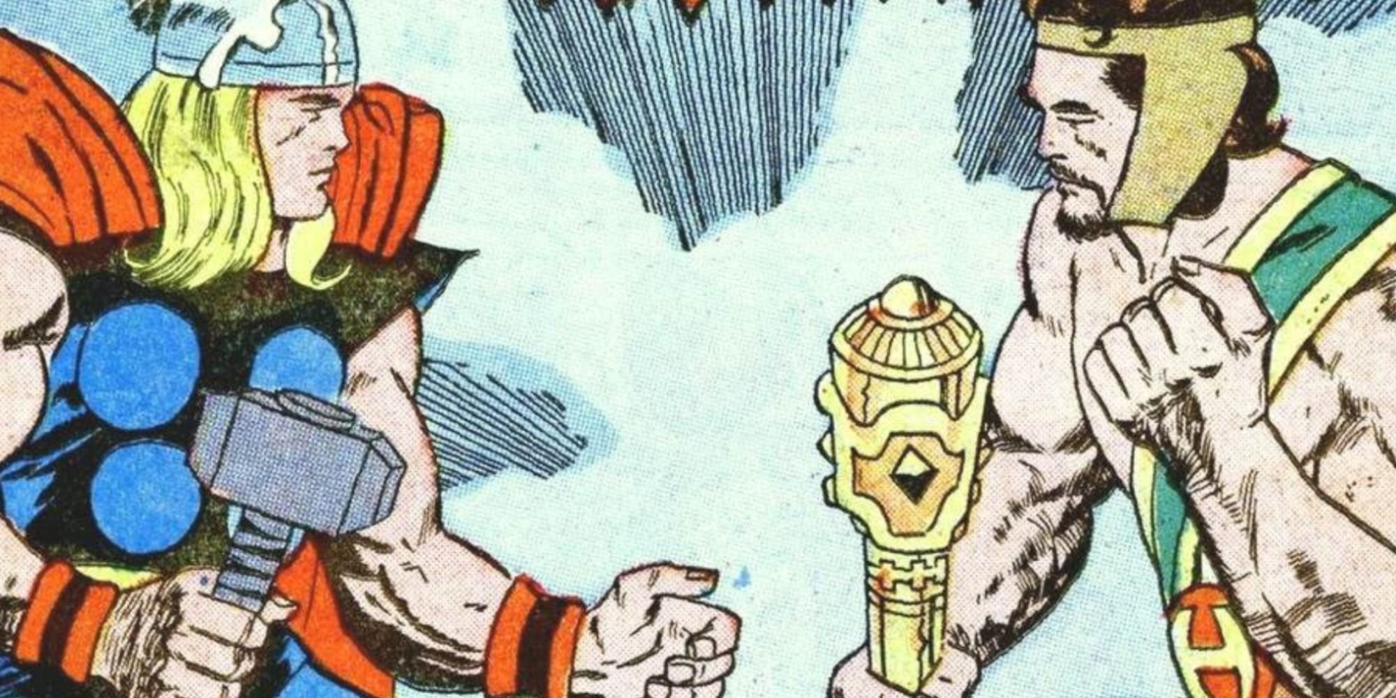 Thor fights Hercules in Marvel Comics.