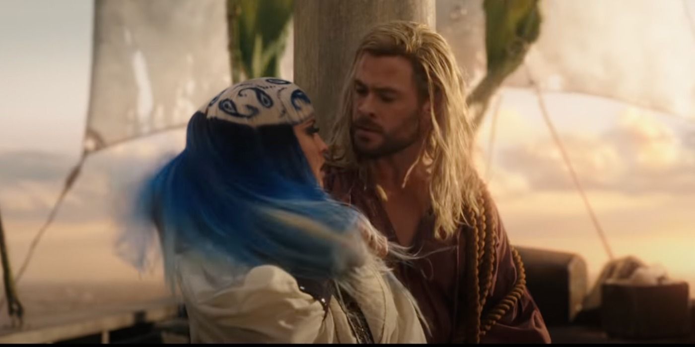 Thor kisses a blue haired woman in Thor Love And Thunder.