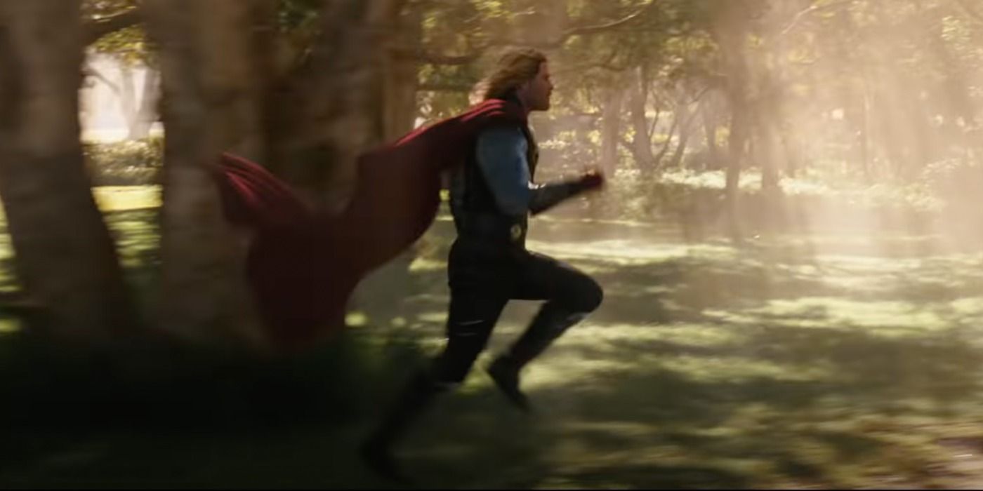 Thor runs through the woods in Thor Love And Thunder.