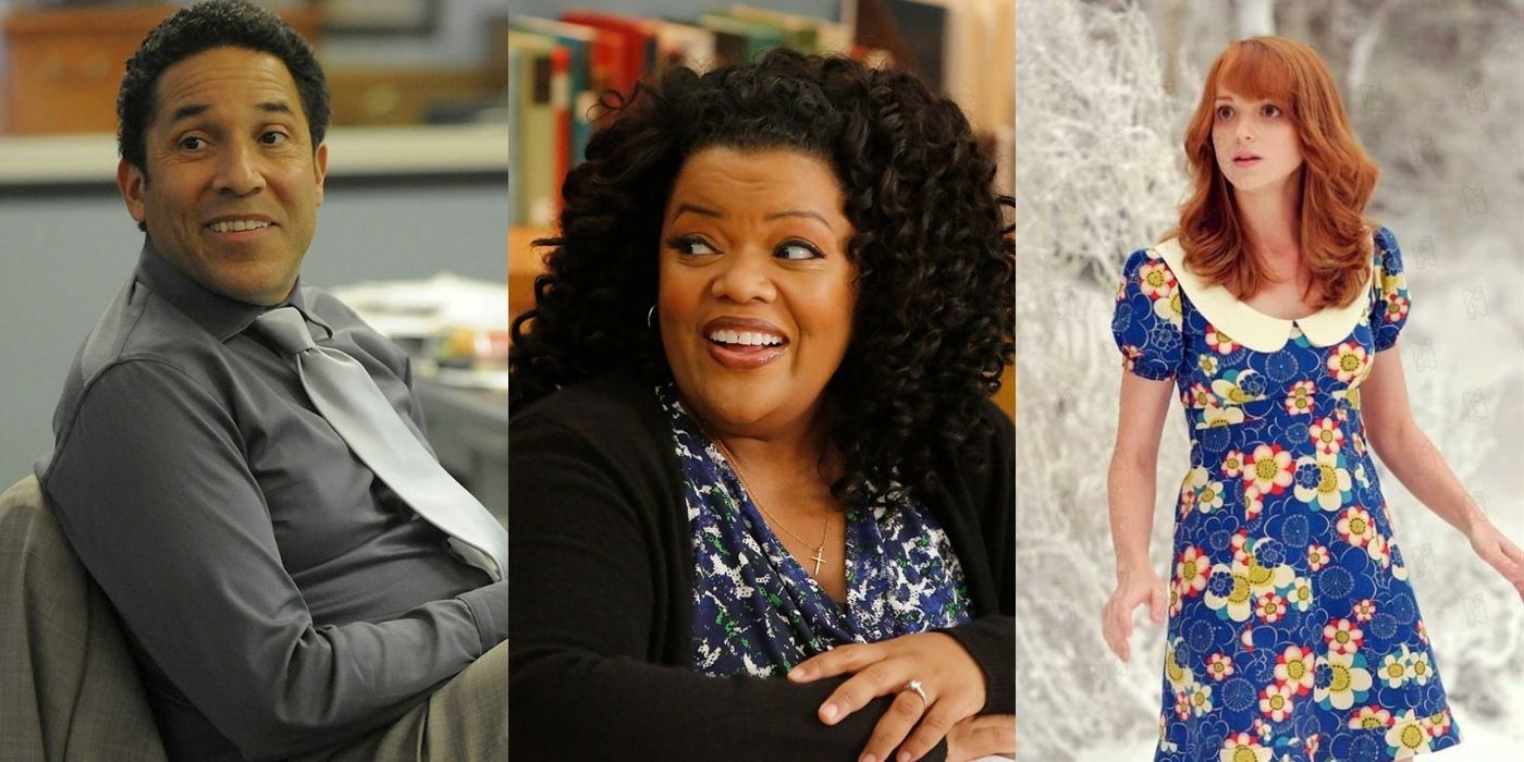 Three split images of Oscar Nunez, Yvette Nicole Brown, and Jayma in different roles