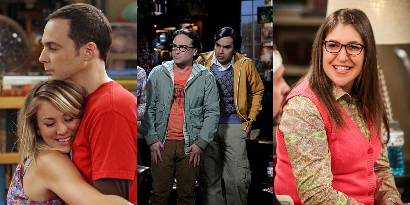 Three split images of Sheldon and co. in different scenes from TBBT