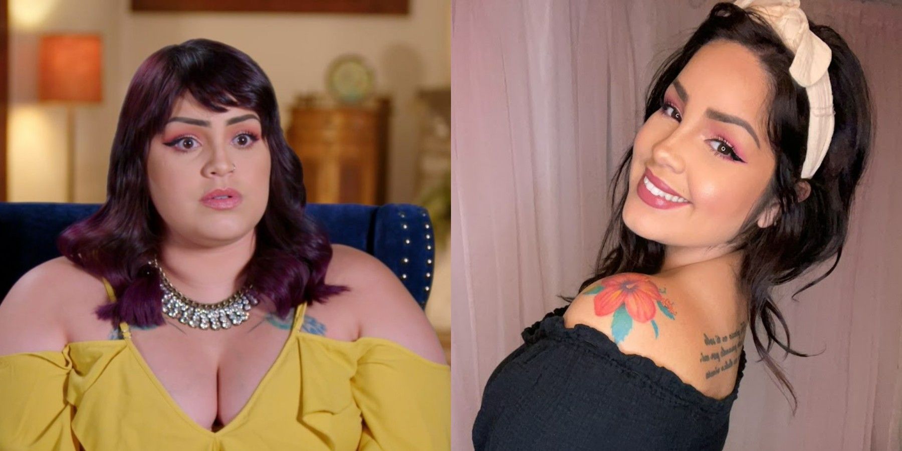 Split image of Tiffany Franco from 90 Day Fiancé and her latest photo smiling and wearing a black dress