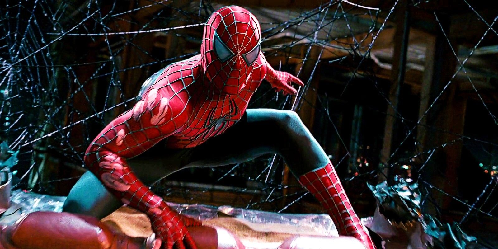 Tobey Maguire in the superhero pose as Spider-Man in Spider-Man 3