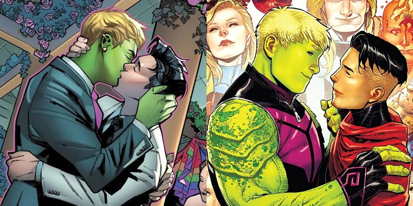 Hulkling and Wiccan embrace in two comic panels