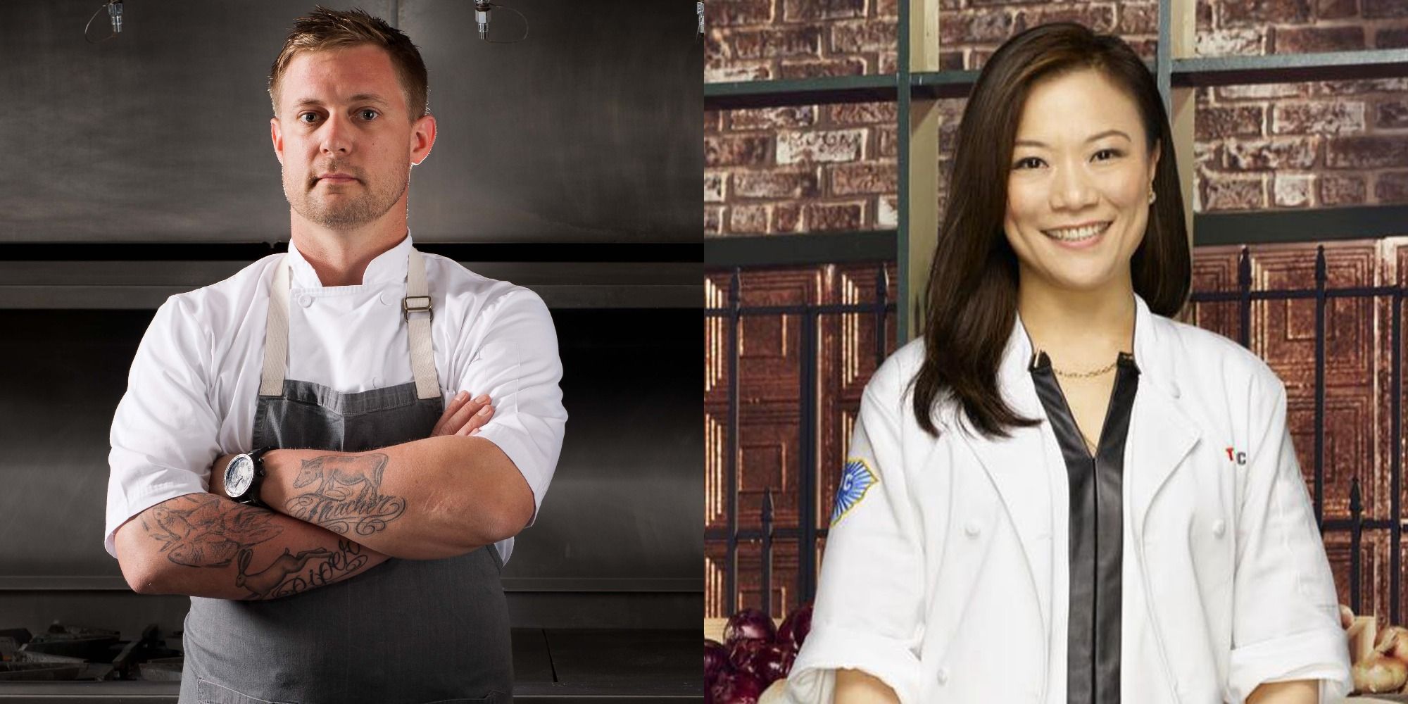 Split image showing Bryan Voltaggio and Shirley Chung in Top Chef.