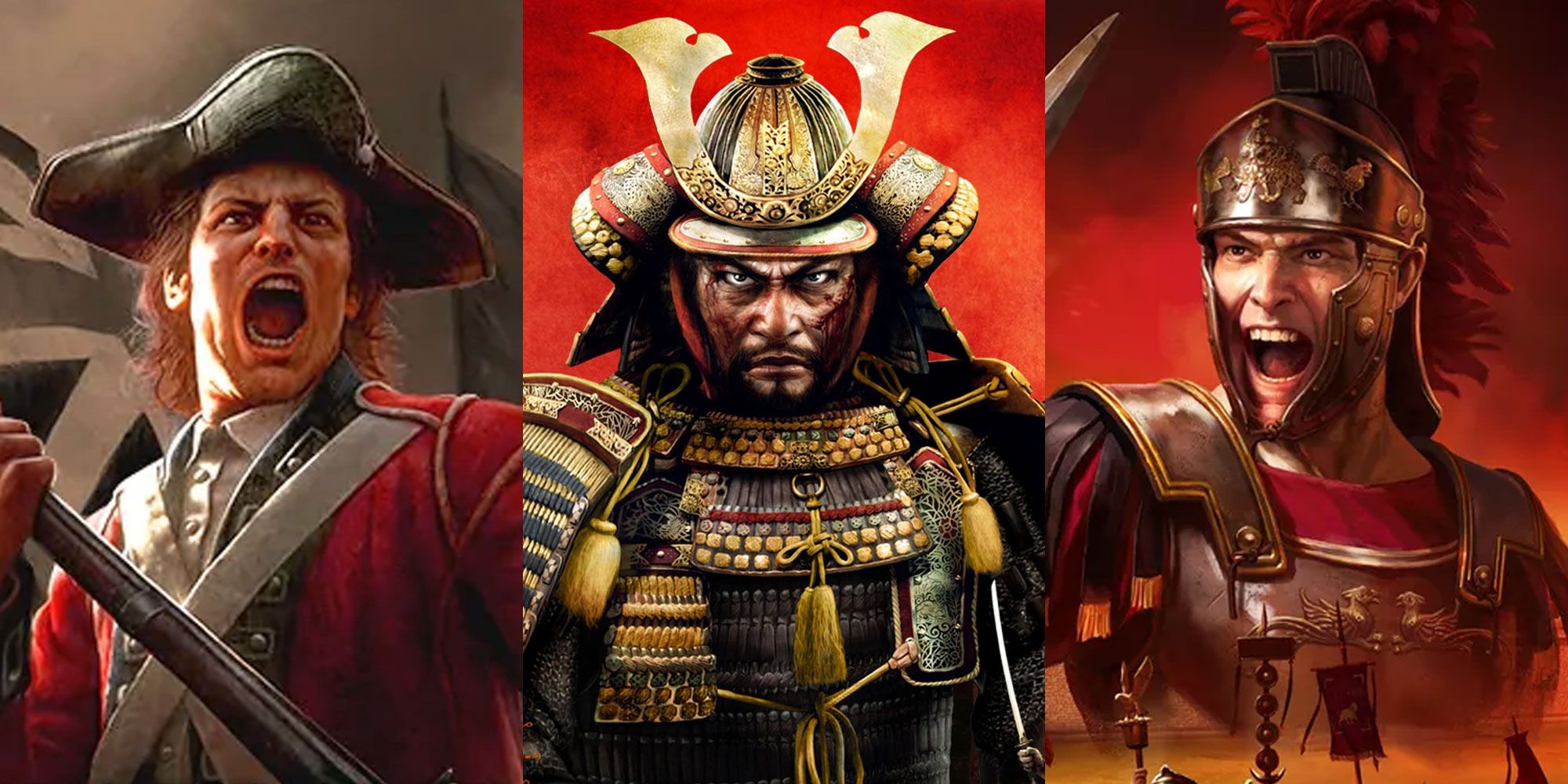 Three side by side images from the Total War games.
