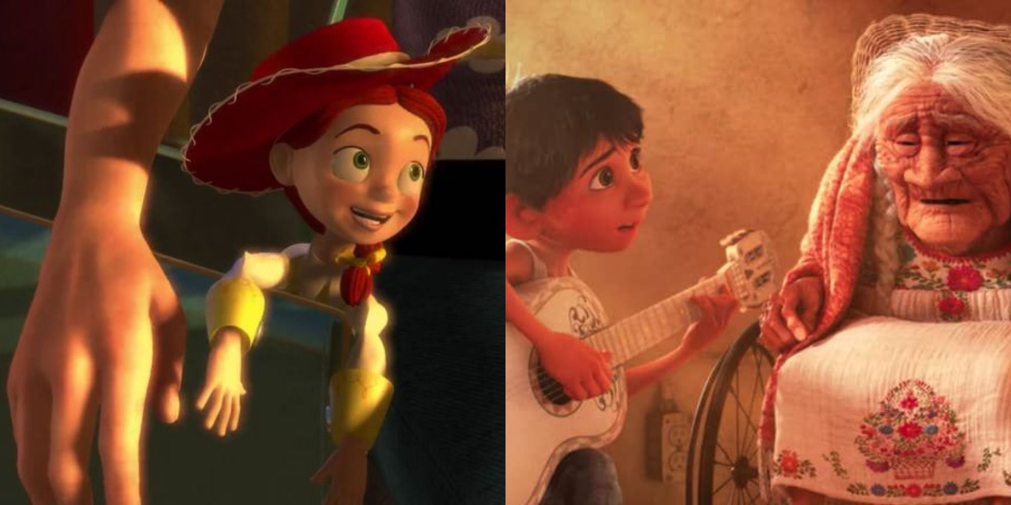 Split image showing Jessie in Toy Story 2 and Miguel and Coco in Coco