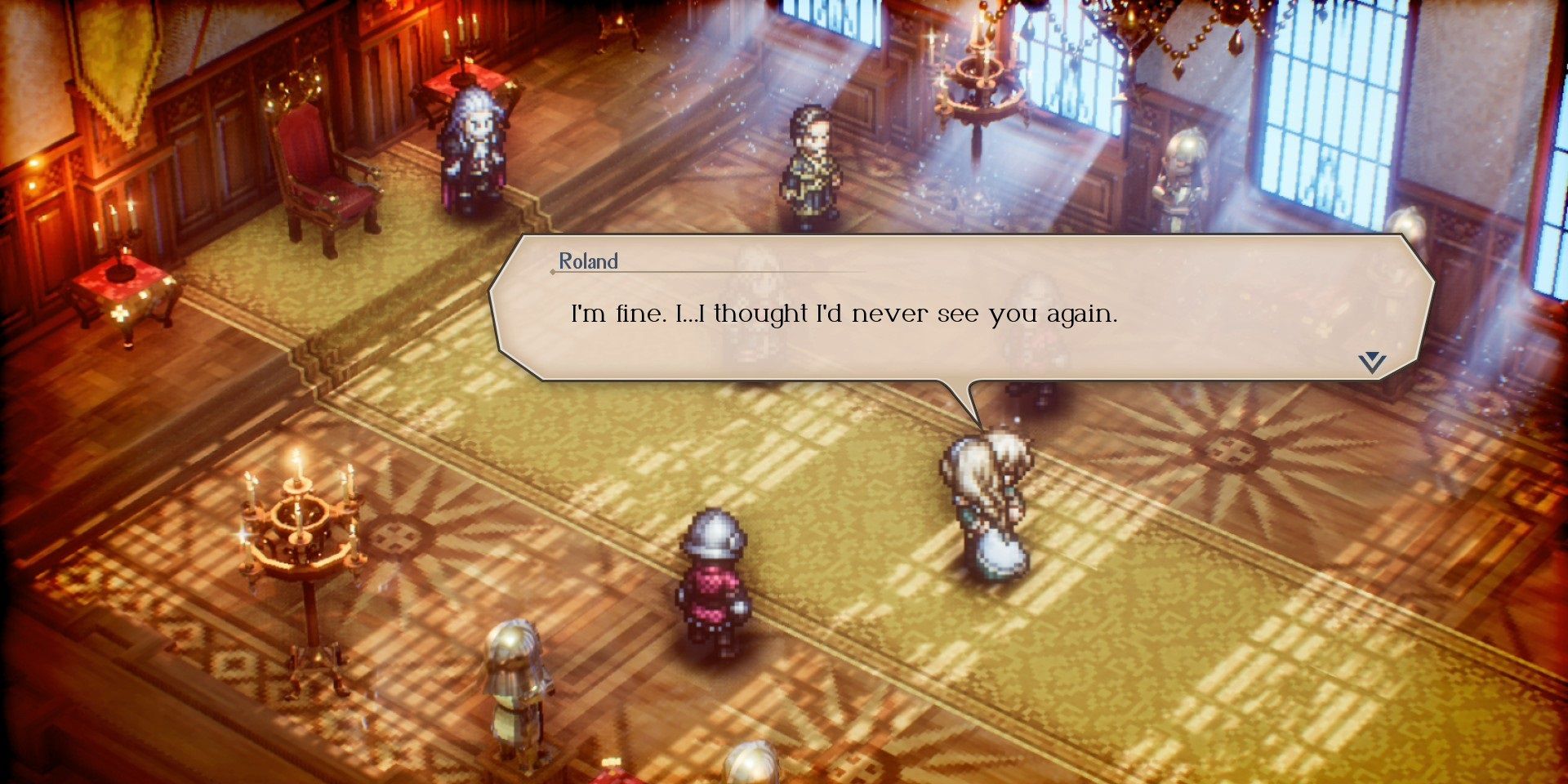 In-game image of Roland greeting Serenoa after a near-death experience in Triangle Strategy