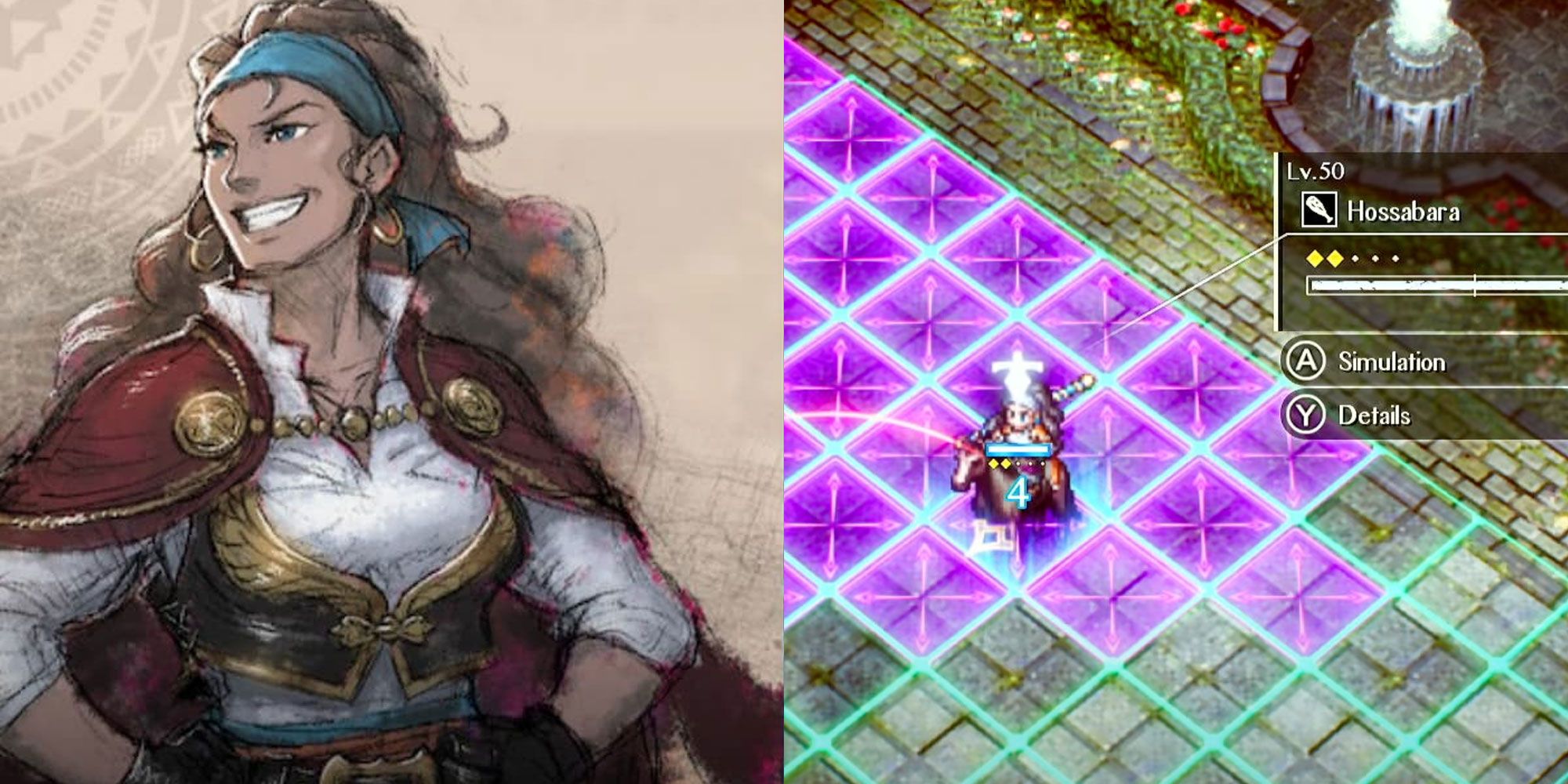 A split image of Hossabara art and the character on a horse in-game