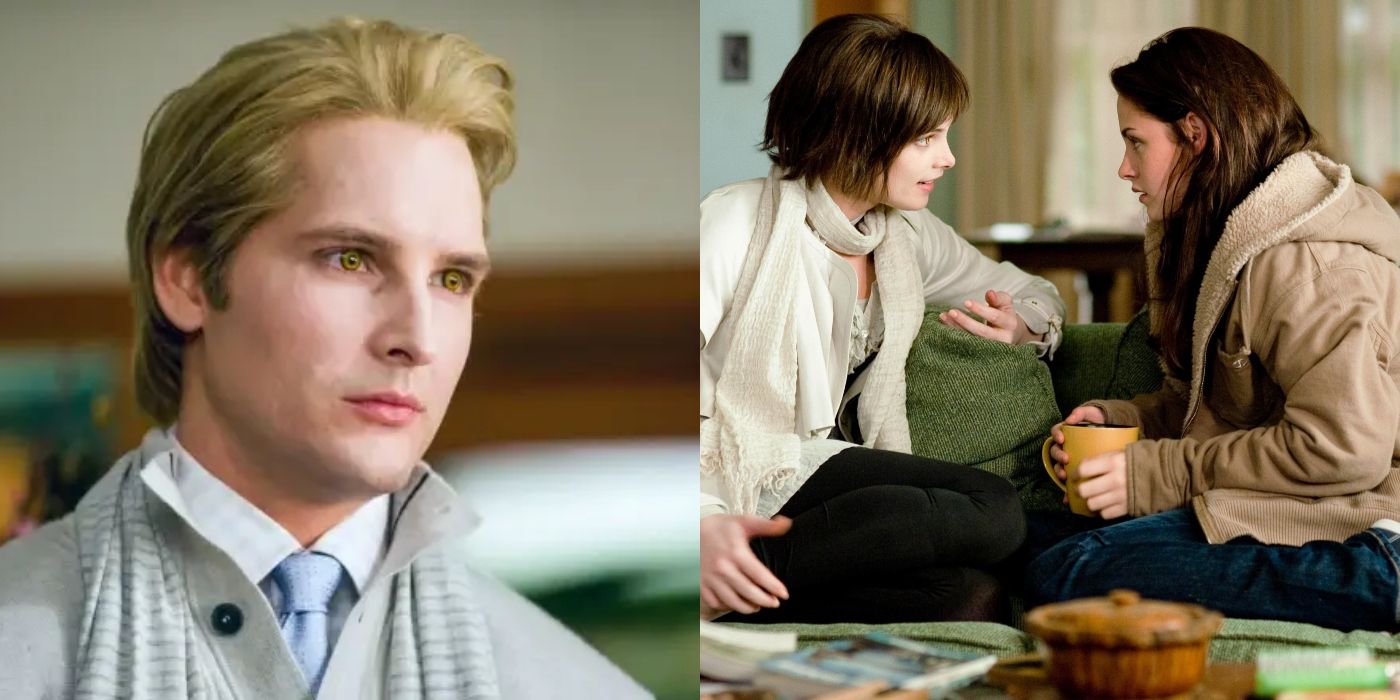 Split image of Carlisle, Alice, and Bella in Twilight