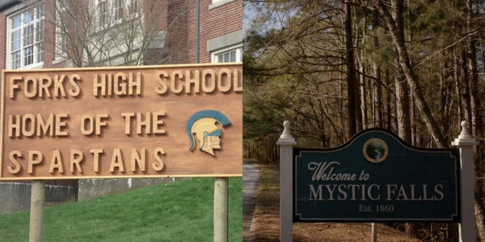 Split Image of Forks and Mystic Falls signs