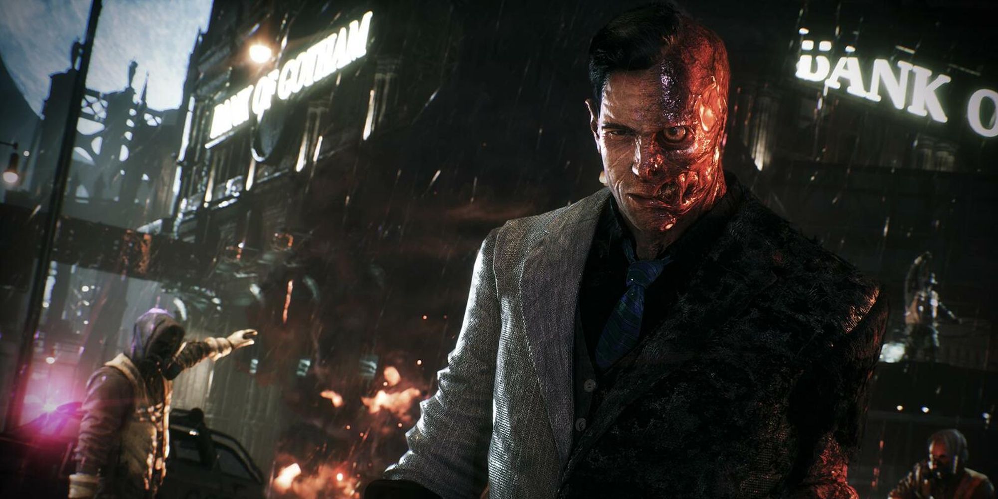 Two-Face and his thugs in front of the Bank Of Gotham in Batman Arkham Knight