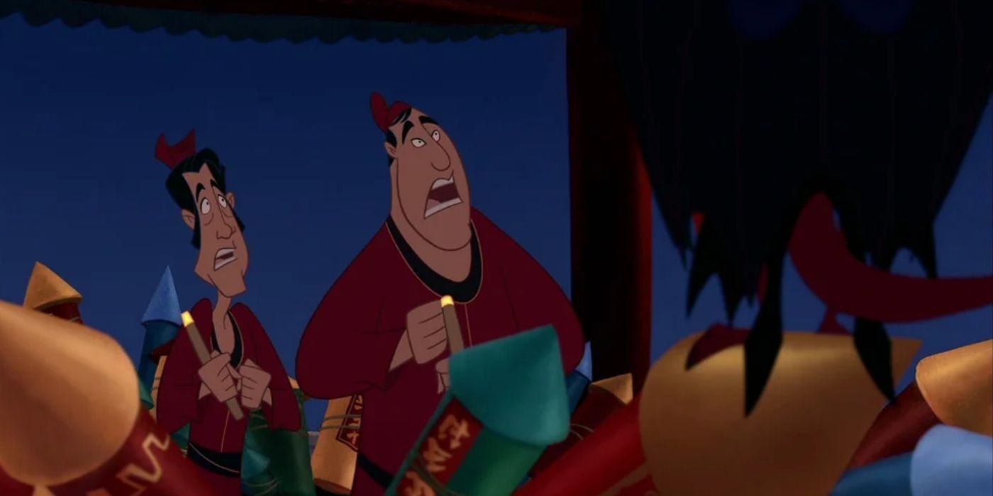 Two characters setting off fireworks on Mulan