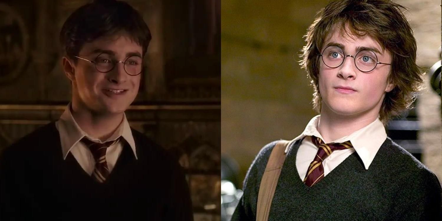 Two images of Harry siling and him looking at something off-screen in the Harry Potter series
