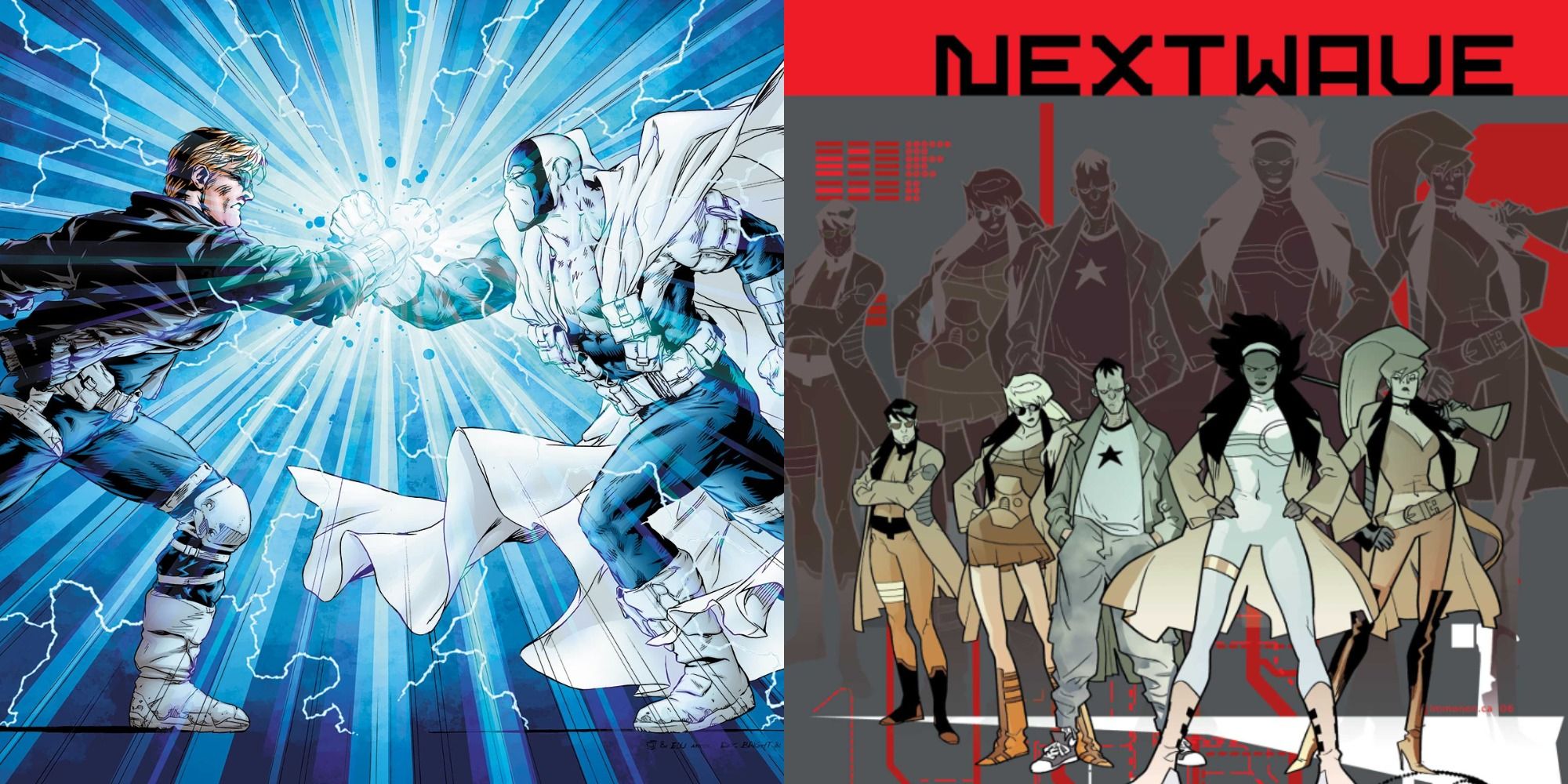 Two side by side images of Nextwave Comics and Quantum and Woody