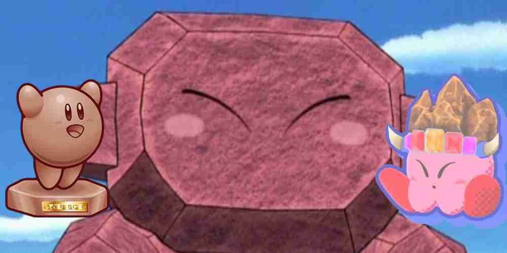 Stone Kirby from KSS, the anime, and its new hat from Kirby Star Allies.