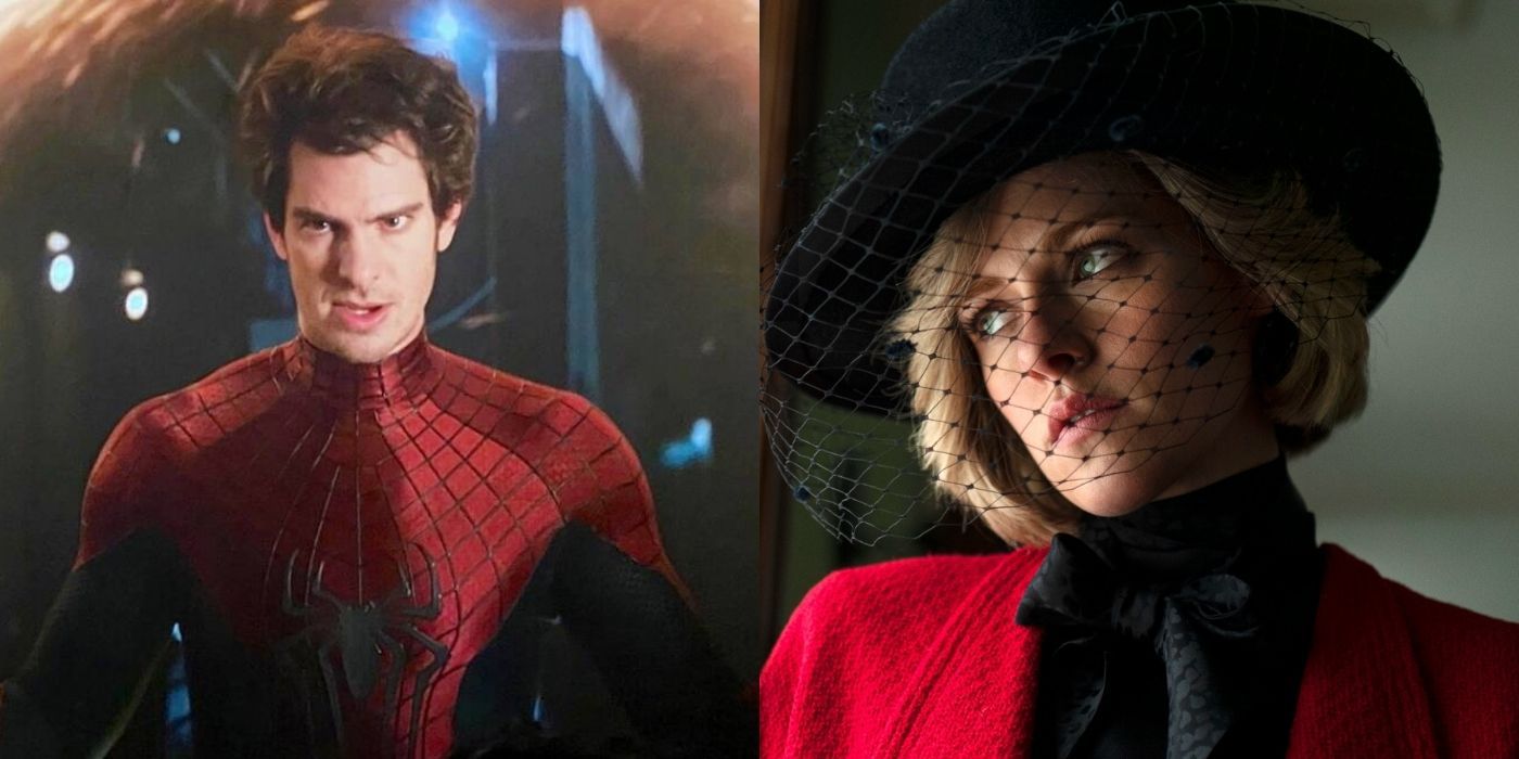 Split image of andrew garfield as spiderman and Kristen Stewart as Princess Diana