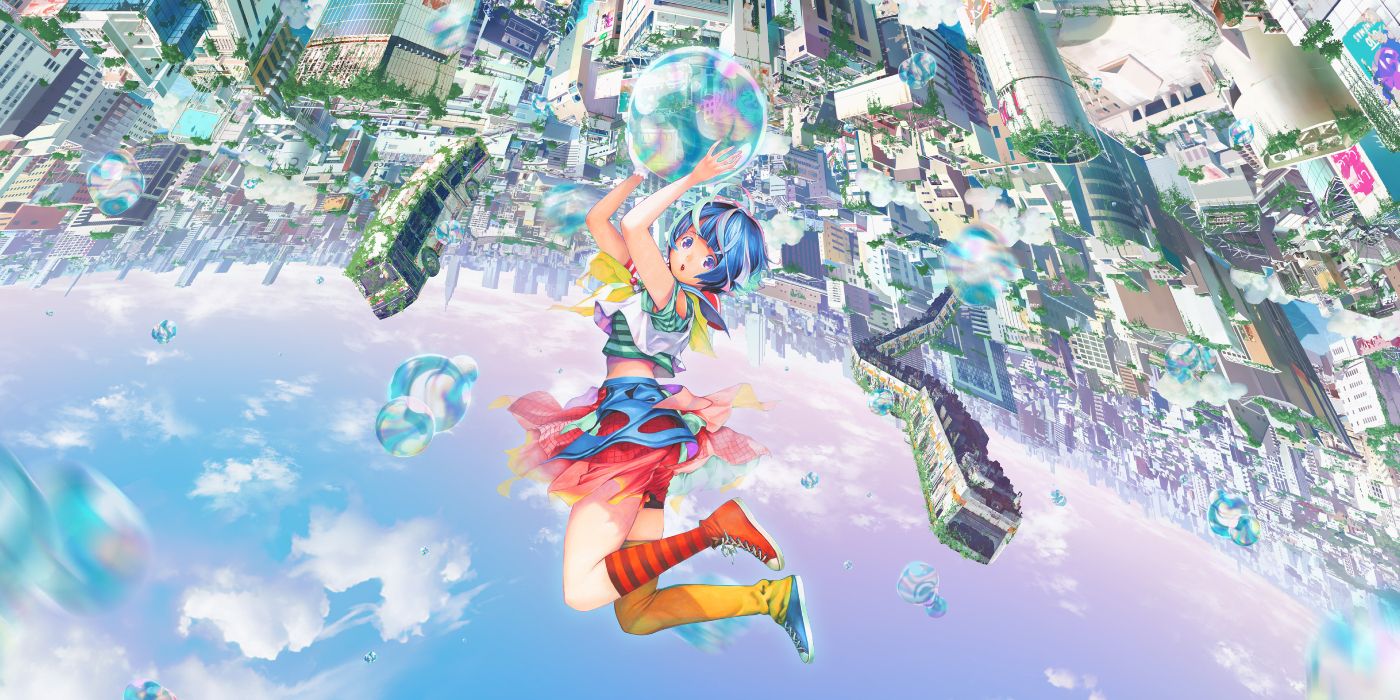 近日公開予定のアニメ映画「バブル」で、重力に逆らうバブルをつかむうた。