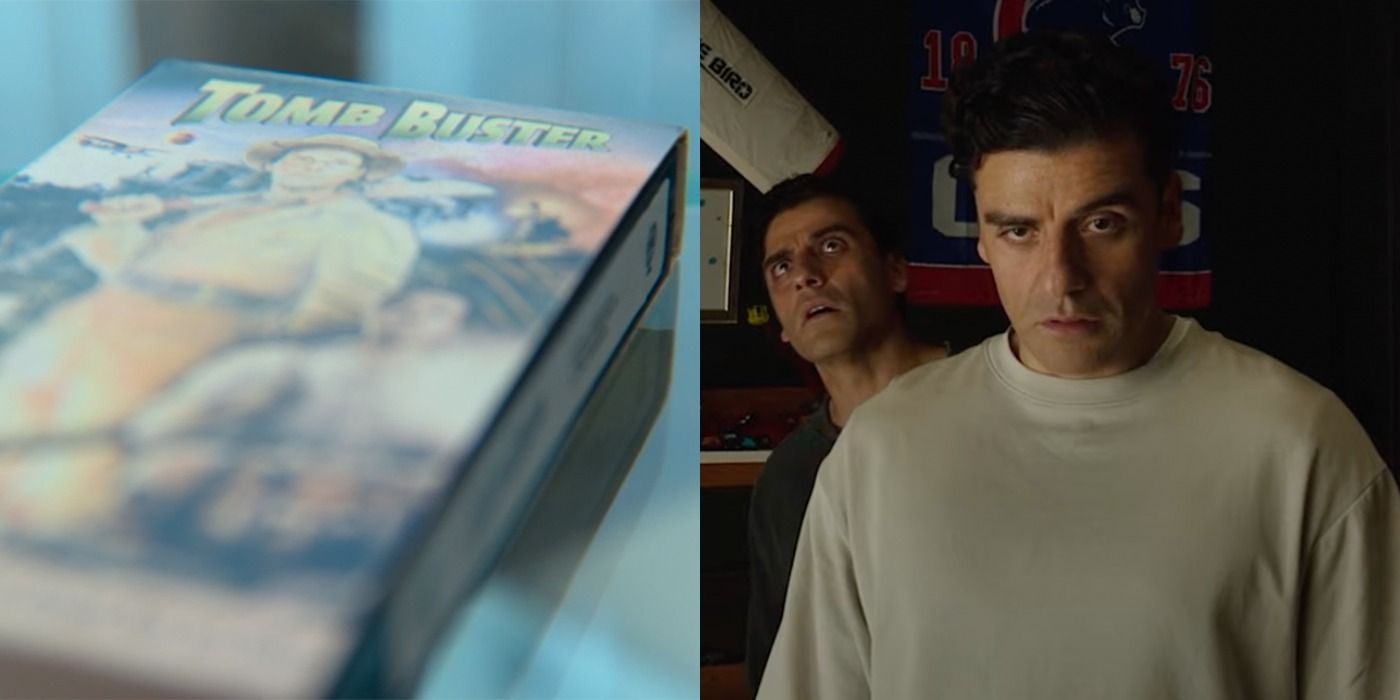 A split image showing a VHS tape of Tomb Busters, and Marc and Steven in Moon Knight.