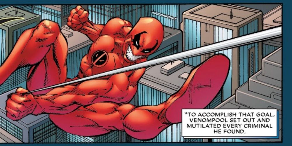 Marvel's Venompool swinging through the city in Marvel comics