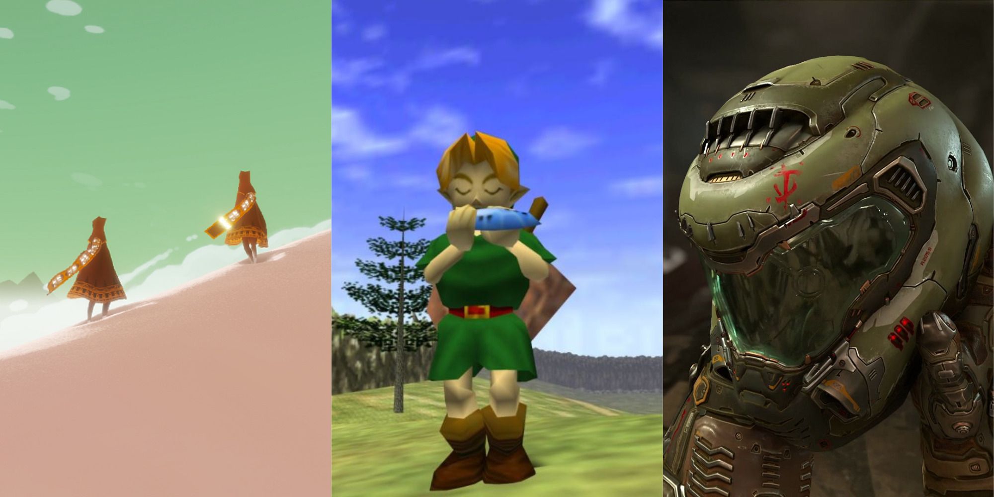 Featured image including characters from Journey on a dune, Link playing the Ocarina, And Doomguy holding his helmet