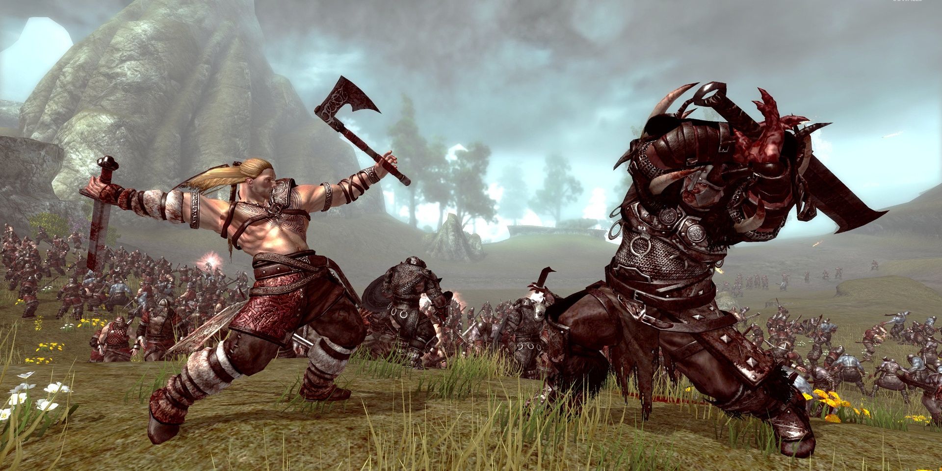 A viking slashing through a monster in Battle For Asgard