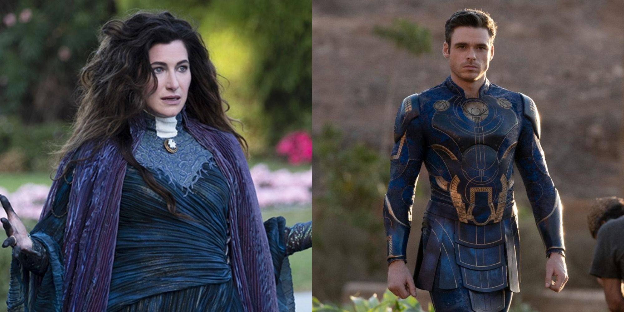 Split image showing Agatha Harkness in WandaVision and Ikaris in Eternals.